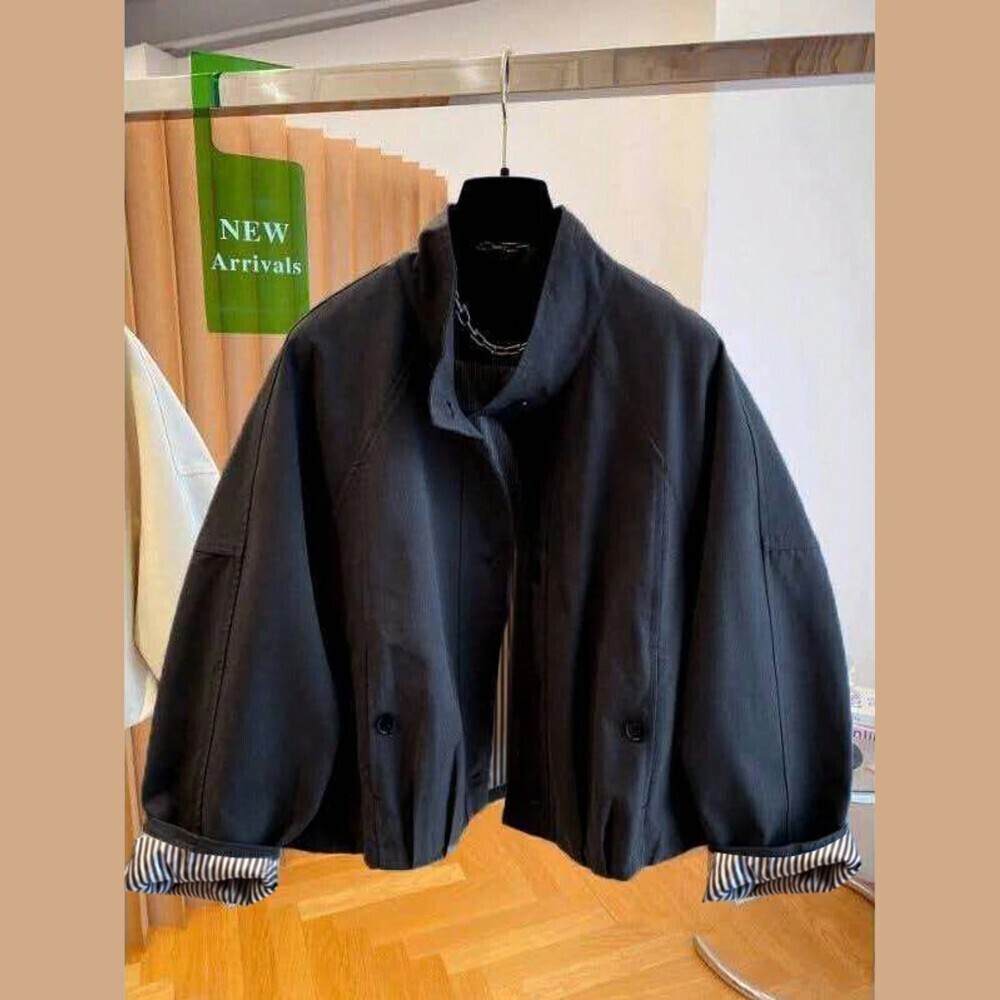 Black Striped Cuff Stand Collar Oversized Boxy Windbreaker Utility Jacket